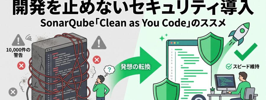 巨大なレガシーコードの課題から、開発を止めずにセキュリティを導入するSonarQube「Clean as You Code」アプローチへの転換を示すアイキャッチ画像